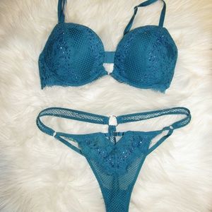 Gorgeous Teal Lace, Rhinestone Bra and Thong Set